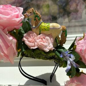 Charming Pink Floral Headband Derby Fascinator Hat with Horse Detail